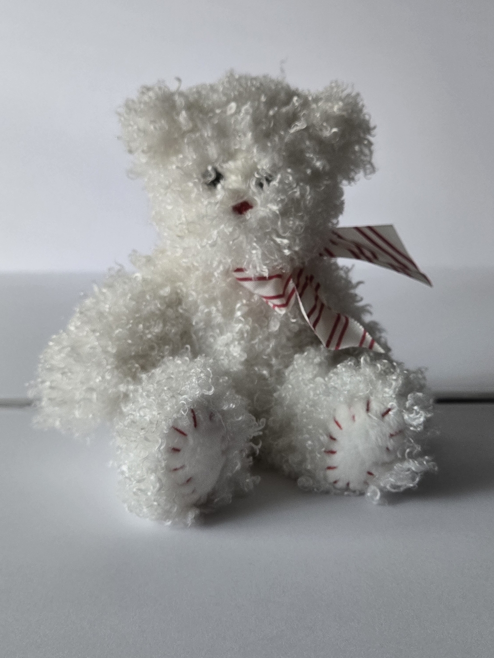 White Curly Plush Teddy Bear with Striped Bow